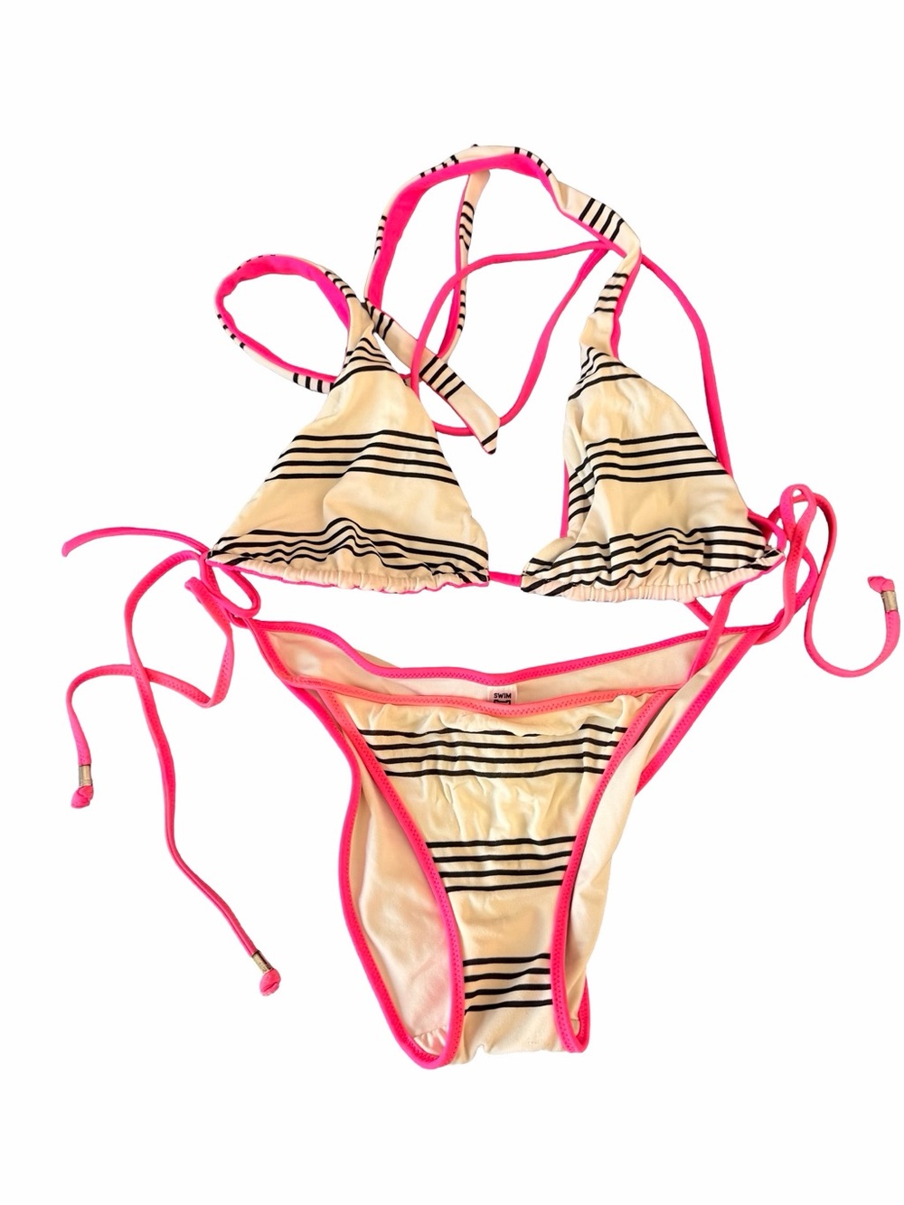 (Y2K / Vintage Vibe): VS PINK Vintage Y2K Cream & Black Striped Bikini Set Neon
